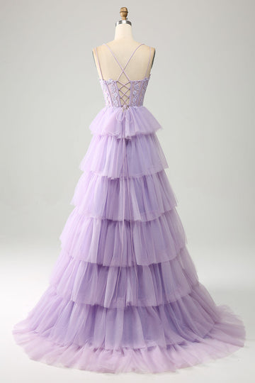 Tulle lilla a più livelli Principessa Corsetto Prom Dress con appliques